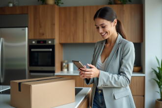 Femme souriante unboxing une livraison moderne dans la cuisine