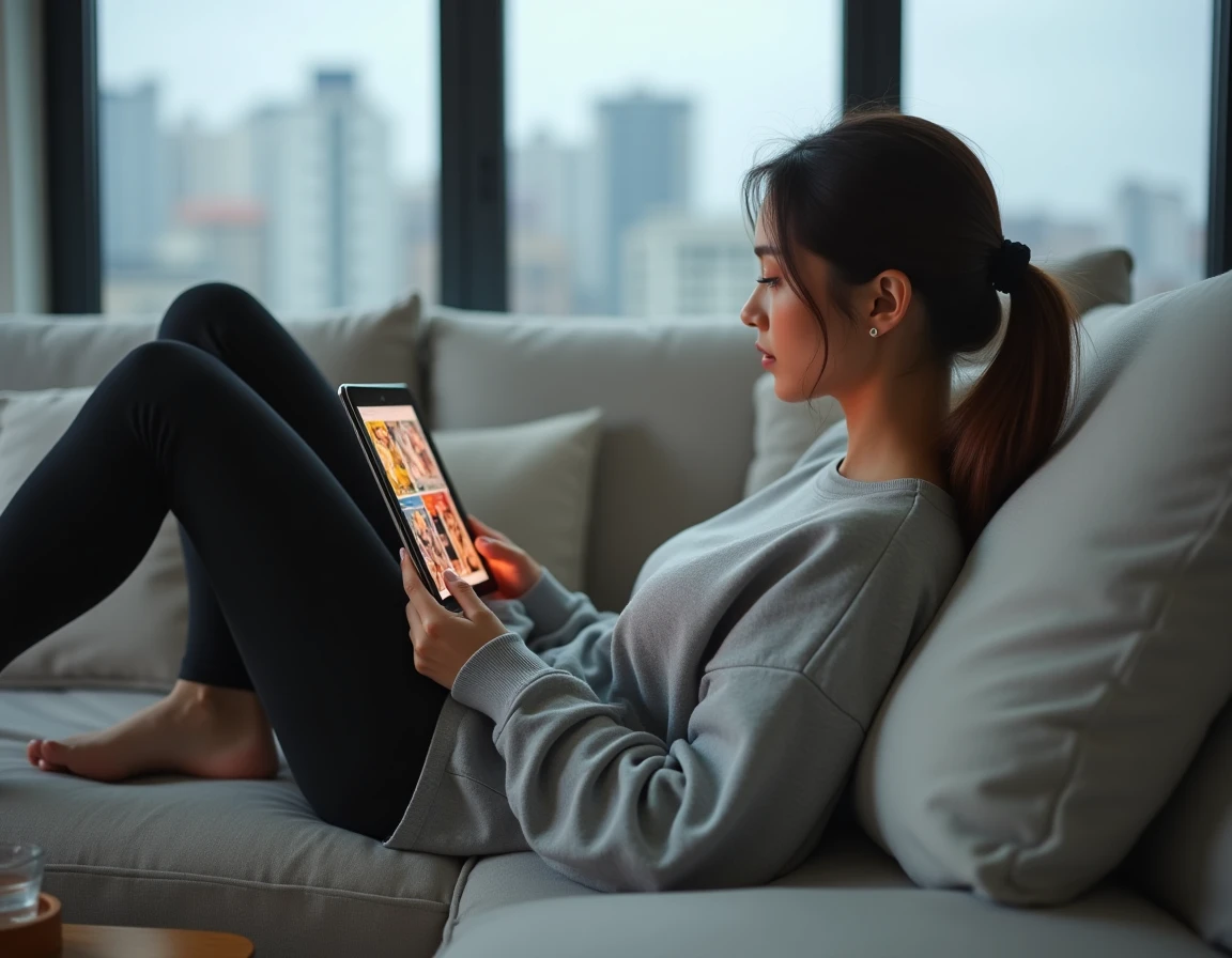 Jeune femme lisant le scan de l'arc Egghead de One Piece sur une tablette dans un salon moderne