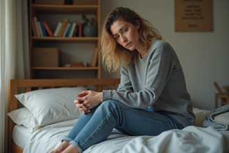 Femme d'une quarantaine assise sur le lit dans une chambre chaleureuse