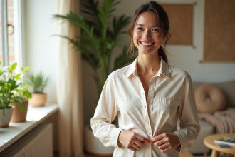 Femme souriante en chemise coton bio dans un intérieur lumineux