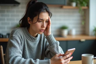 Femme tenant un smartphone Android avec une expression perplexe, vérifiant si un SMS est bloqué dans sa cuisine
