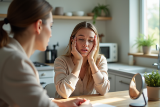 Femme regardant sa peau dans un miroir en cuisine