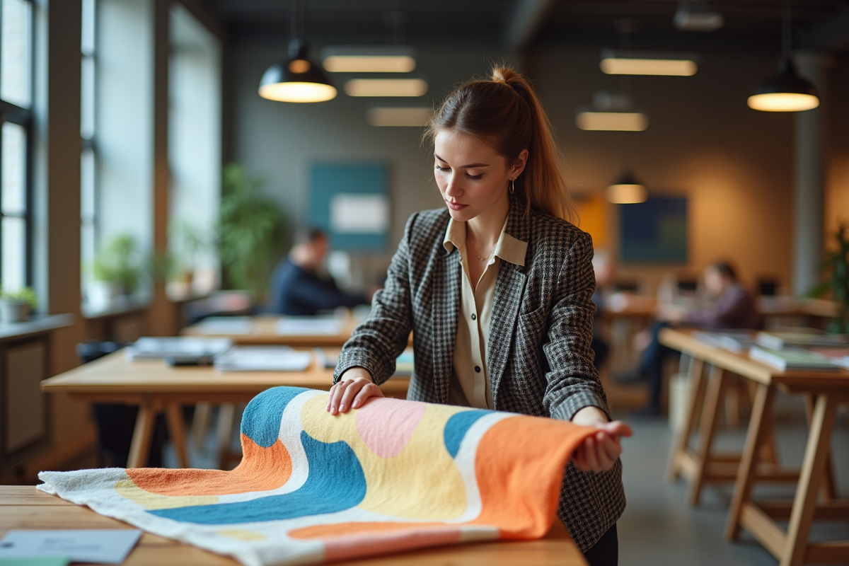 Femme stylée examinant un tissu abstrait dans un studio créatif