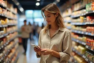 Femme examinant une étiquette de prix dans un supermarché français, illustrant l'impact de l'indice des prix de l'INSEE sur la vie quotidienne