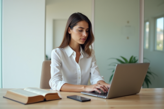 Femme française concentrée sur son ordinateur au bureau