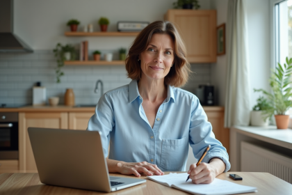 Femme travaillant à la maison avec ordinateur portable