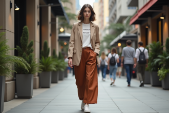 Jeune femme urbaine en blazer beige et sneakers dans la ville