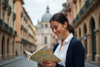 Jeune femme regardant une carte colorée en ville historique