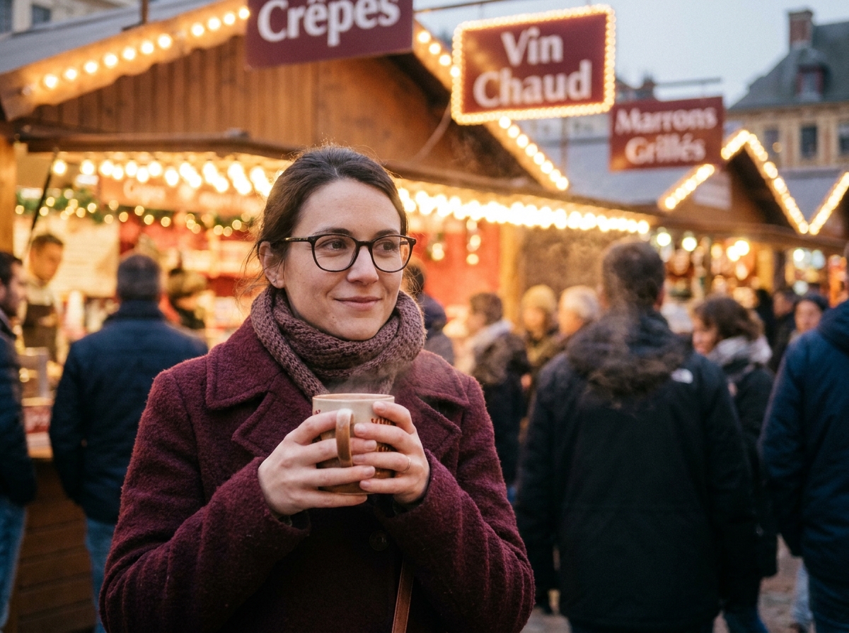 Femme portant des lunettes et un manteau bordeaux tenant un vin chaud au marché de Noël de Lille