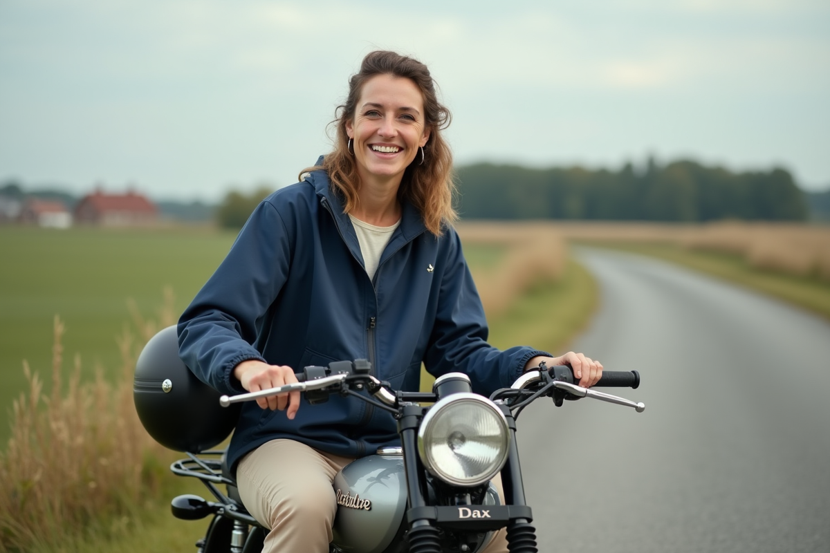 Femme souriante sur une Dax 125 en campagne