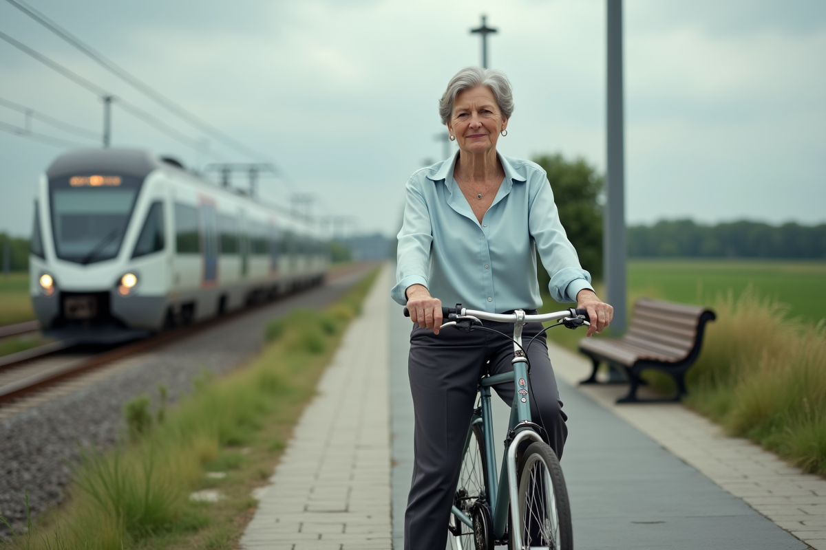 Femme avec vélo sur plateforme de train à la campagne