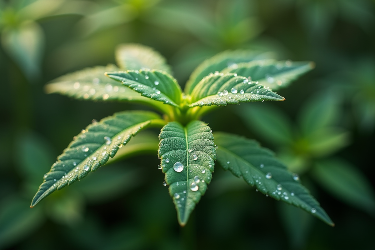 Détail de feuilles de buisson japonais avec rosée en gros plan