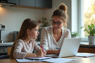 Fille adolescente et mère discutant finances à la cuisine