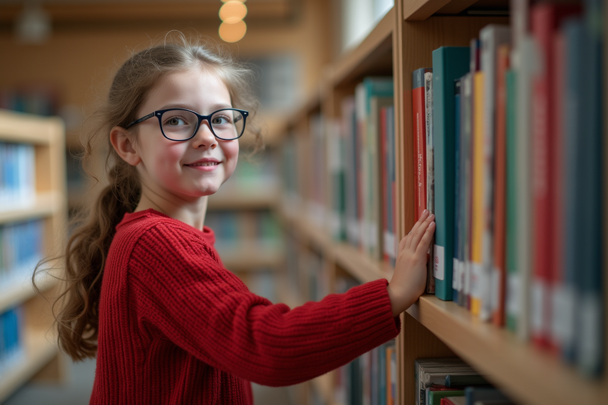 Jeune fille cherche un livre dans une bibliothèque