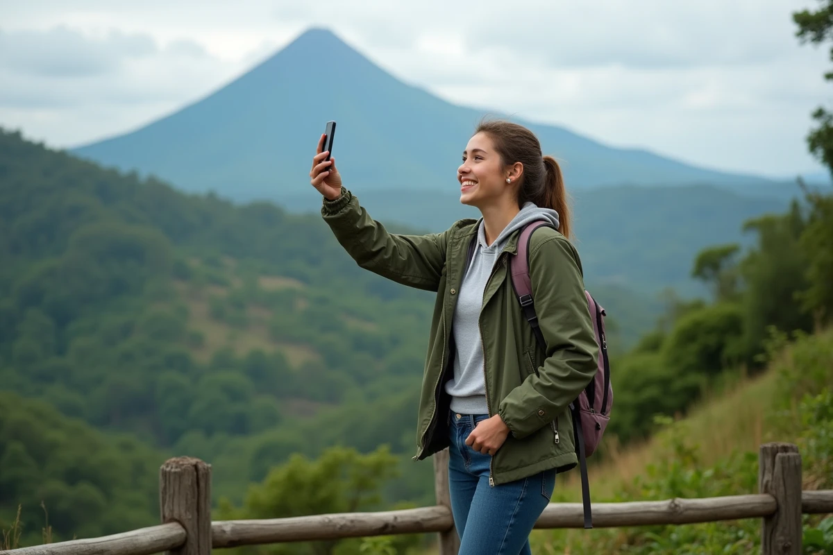 Fille prenant une selfie avec paysage tropical en arrière-plan