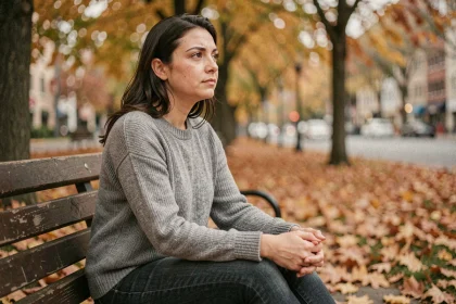 Femme seule assise sur un banc en automne, regard mélancolique évoquant une séparation de flamme jumelle