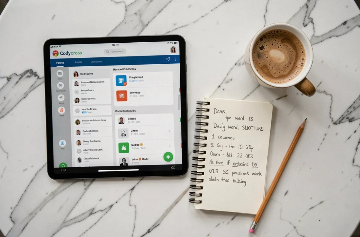 Vue de dessus d'une tablette affichant Codycross, un carnet de solutions et un café sur marbre blanc
