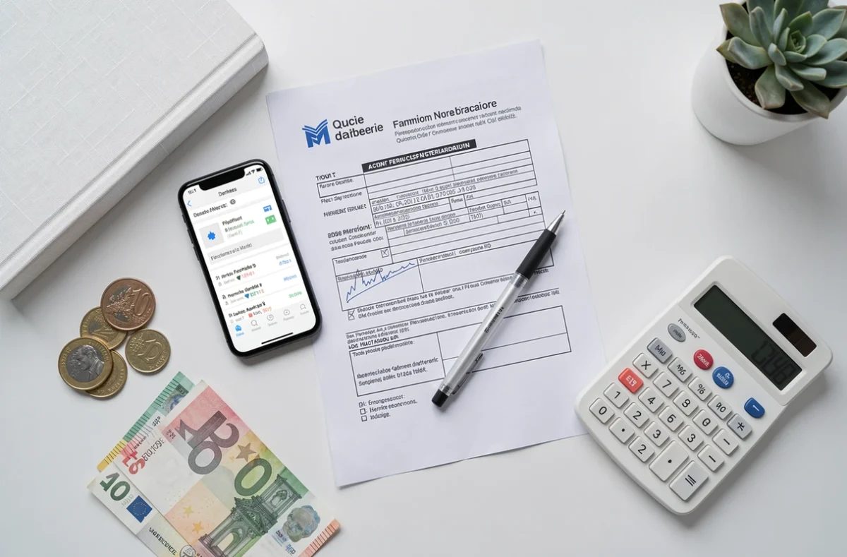 Vue aérienne d'un bureau avec formulaire fiscal, smartphone affichant des revenus et monnaie, symbolisant la fiscalité liée aux plateformes numériques