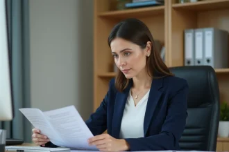 Fonctionnaire de catégorie C en train d'analyser sa fiche de salaire dans un bureau administratif