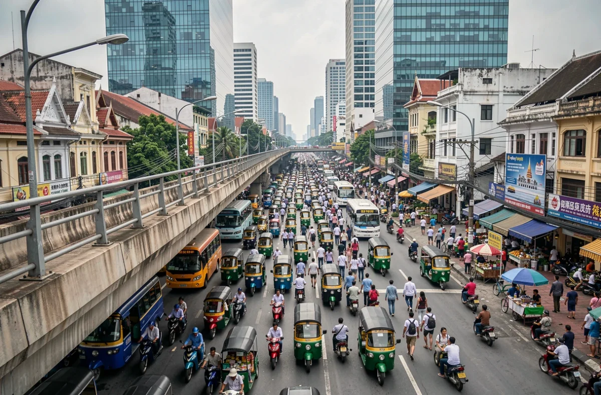 Vue en surplomb d'une rue principale de Bangkok à l'heure de pointe montrant une foule dense de piétons, véhicules et travailleurs, symbolisant la croissance démographique et les migrations internes vers la capitale