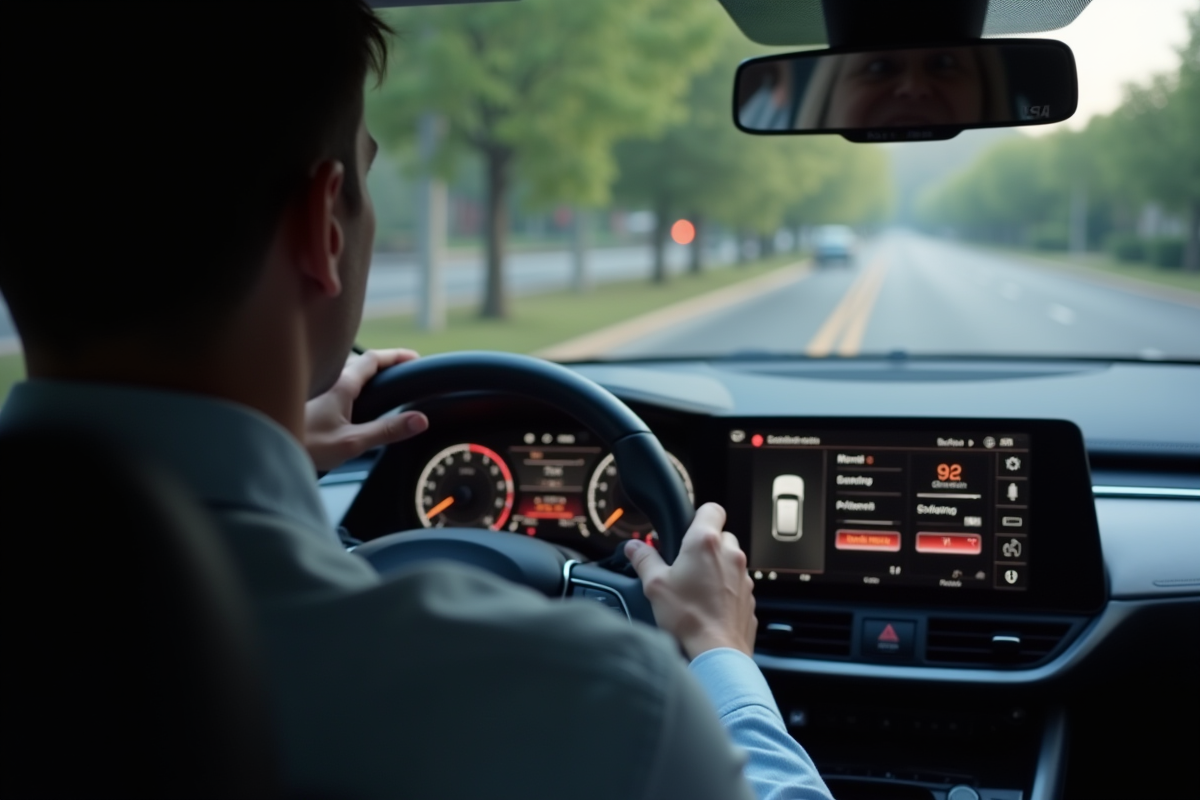 Personne frustrée devant tableau de bord de voiture hybride