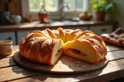 Galette des rois tranchée sur une table en cuisine lumineuse