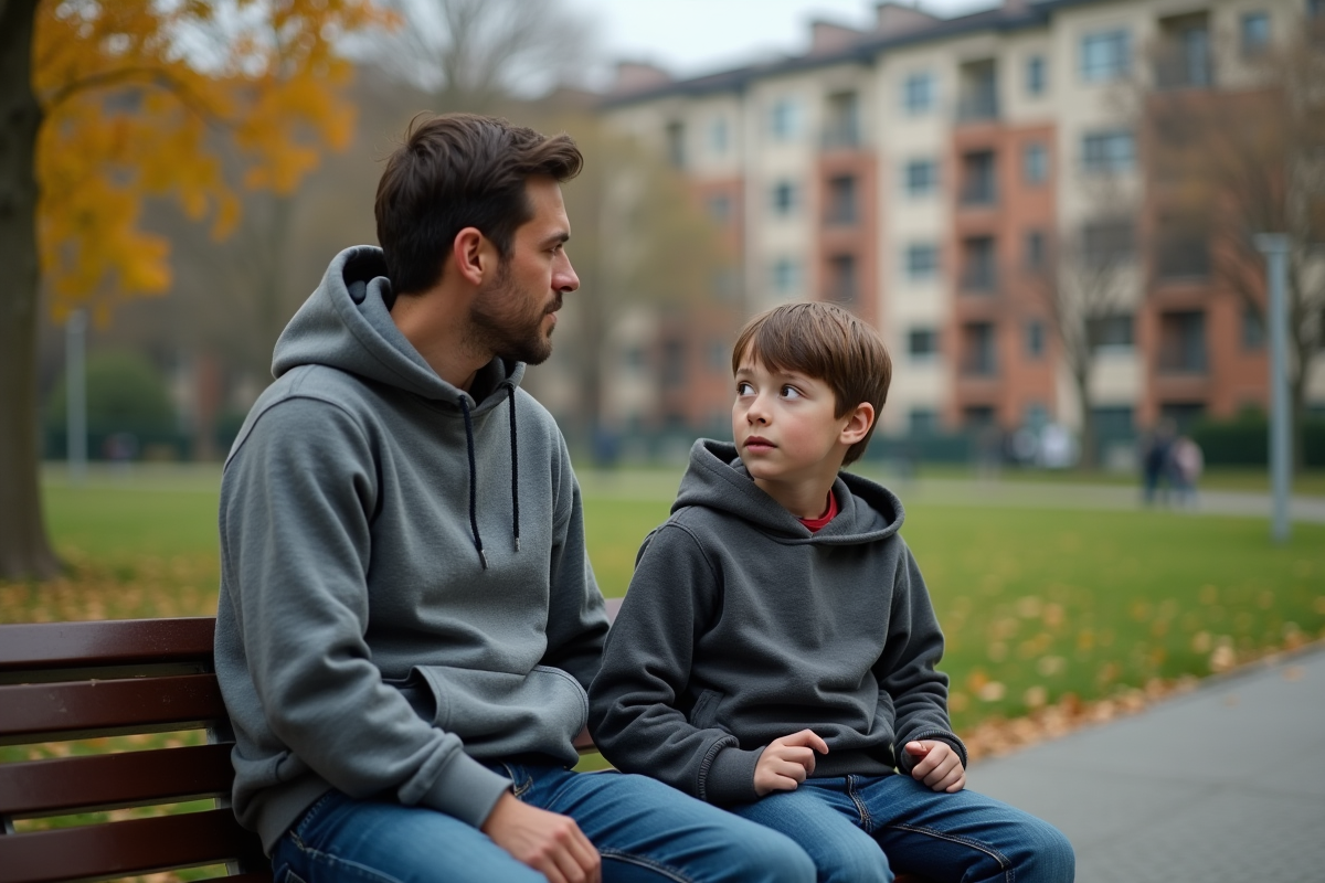 Garçon préadolescent discutant avec son beau-pere dans un parc
