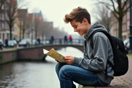Jeune garçon souriant avec carte au bord du canal à Amsterdam