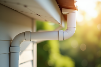 Garde-oiseau en PVC blanc sous les eaves d'une maison ensoleillee