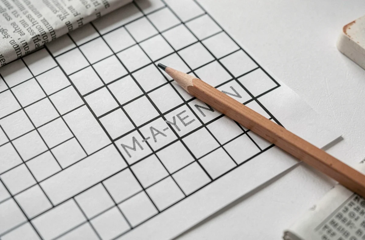 Gros plan sur une grille de mots croisés avec les lettres M-A-Y-E-N écrites au crayon dans les cases