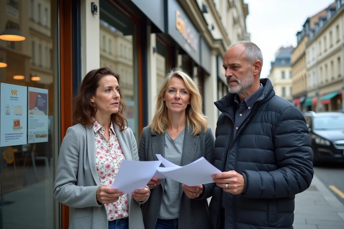 Groupe de personnes devant une agence pour l'emploi en France tenant des documents administratifs, illustrant le rôle des statistiques INSEE sur le marché du travail et le chômage