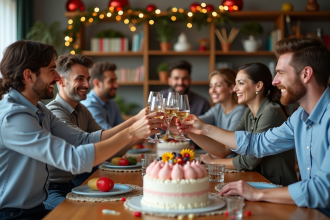 Groupe d'amis en fête autour d'une table conviviale