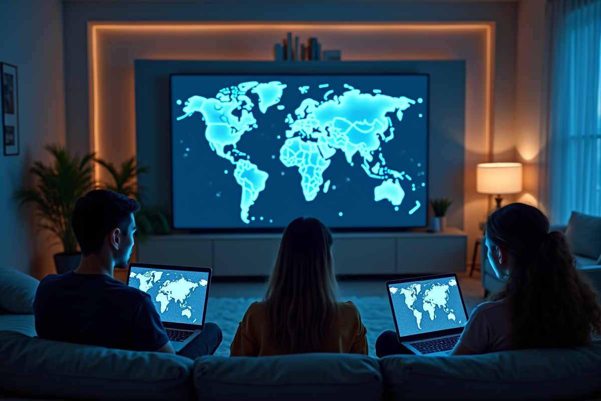 Groupe divers dans un salon moderne utilisant VPN