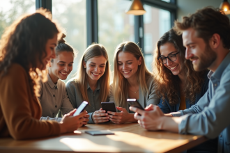 Groupe de jeunes adultes avec smartphones dans un cadre moderne