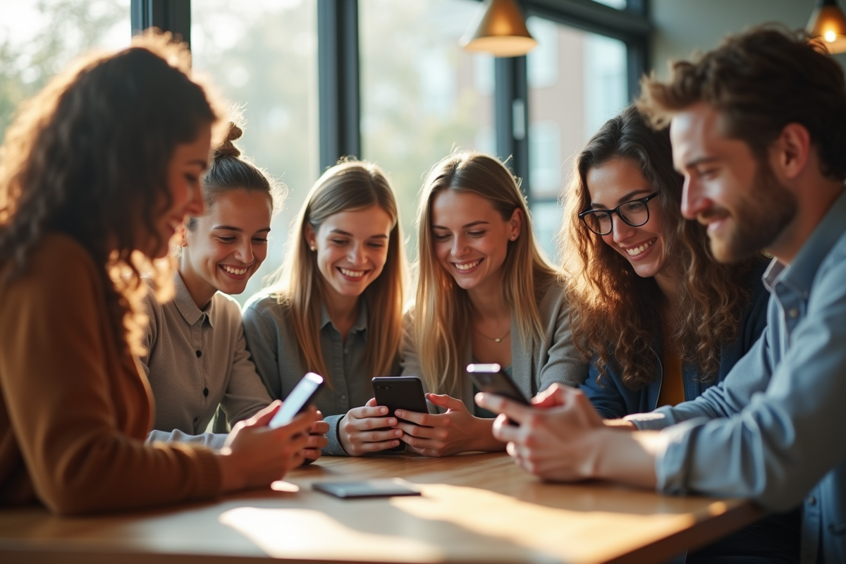 Groupe de jeunes adultes avec smartphones dans un cadre moderne