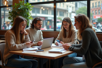 Groupe de millennials discutant finances dans un café moderne