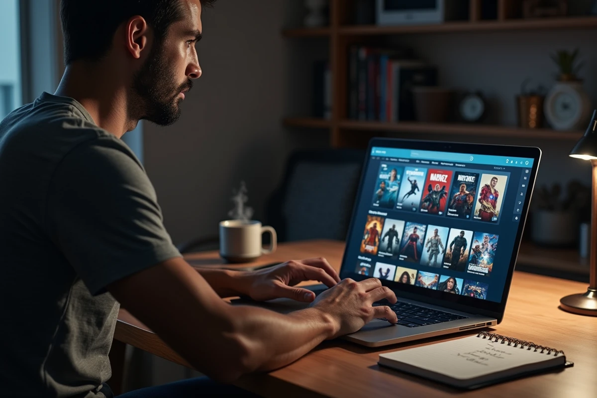 Homme prenant des notes sur l'ordre chronologique des films Marvel Disney+ devant son ordinateur portable dans un bureau à domicile