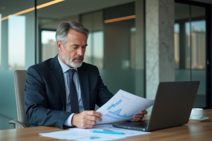 Homme d'affaires en costume regardant un graphique financier en baisse