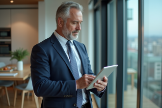 Homme d'affaires en costume regardant des statistiques immobilières