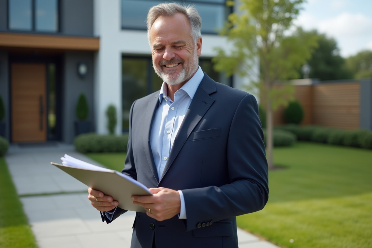 Homme d'affaires souriant devant une maison moderne