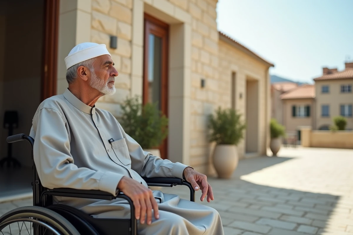 Homme âgé en fauteuil roulant devant une mosquée accessible à Toulouse avec rampe d'accès