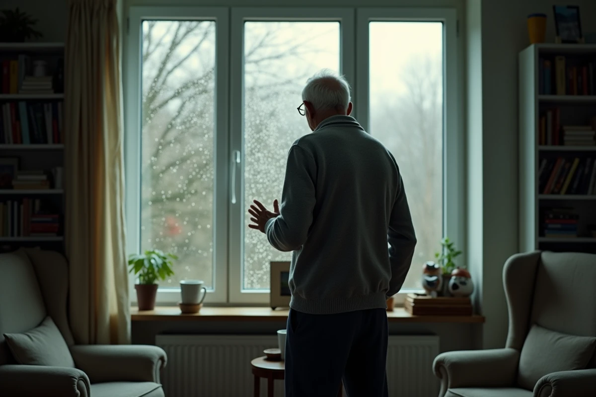 Homme âgé debout devant une fenêtre pluvieuse dans un intérieur chaleureux, évoquant la solitude et la sagesse des proverbes sur la tristesse