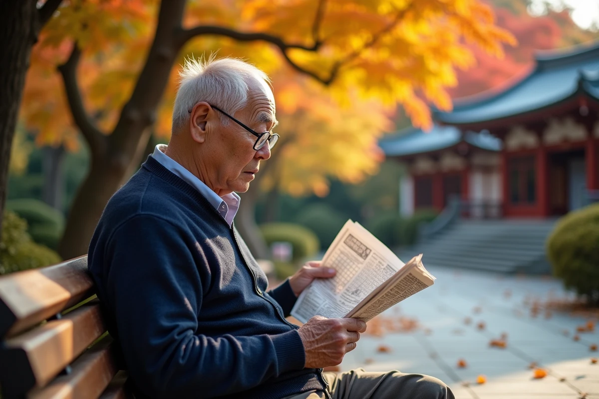 Homme âgé japonais faisant des mots fléchés dans un parc de Kyoto en automne