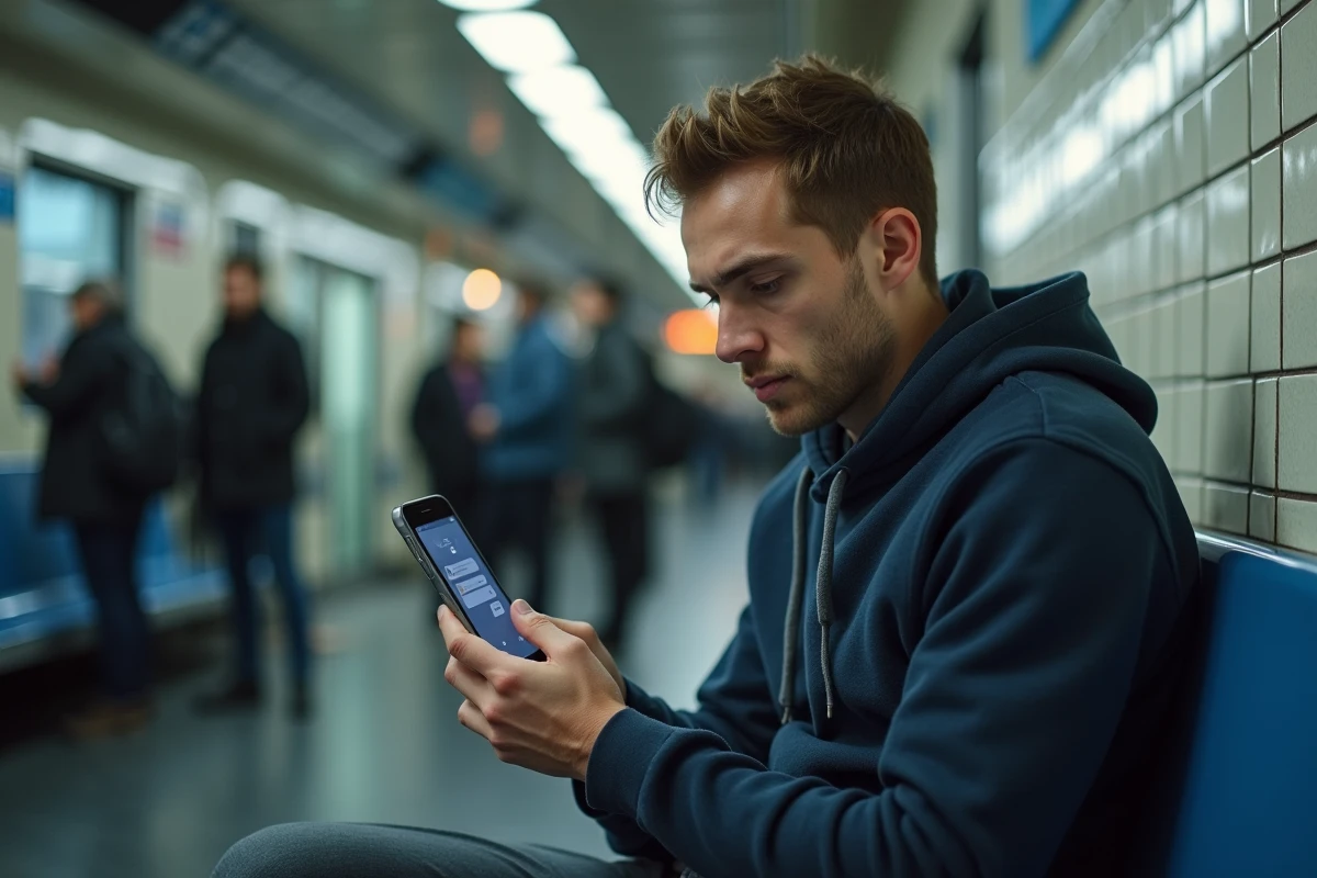 Homme vérifiant un message non délivré sur son téléphone Android dans le métro, suspectant un SMS bloqué