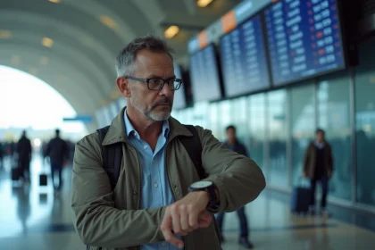 Homme d'âge moyen regardant sa montre à l'aéroport