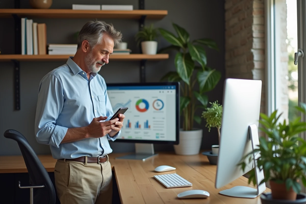 Homme dans un bureau avec smartphone et espace de travail