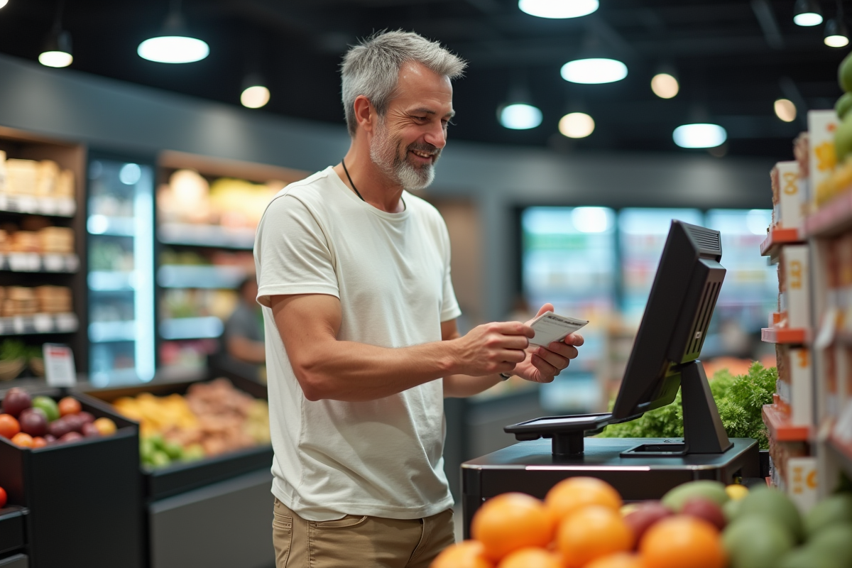Homme faisant paiement avec bon dans un supermarché moderne