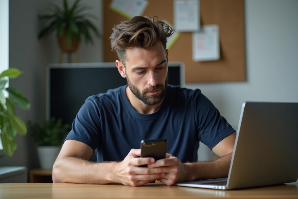 Homme consultant discrètement une story Instagram sur son téléphone depuis son bureau à domicile