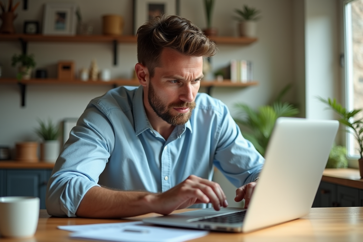 Homme en tenue décontractée utilisant un ordinateur à la maison