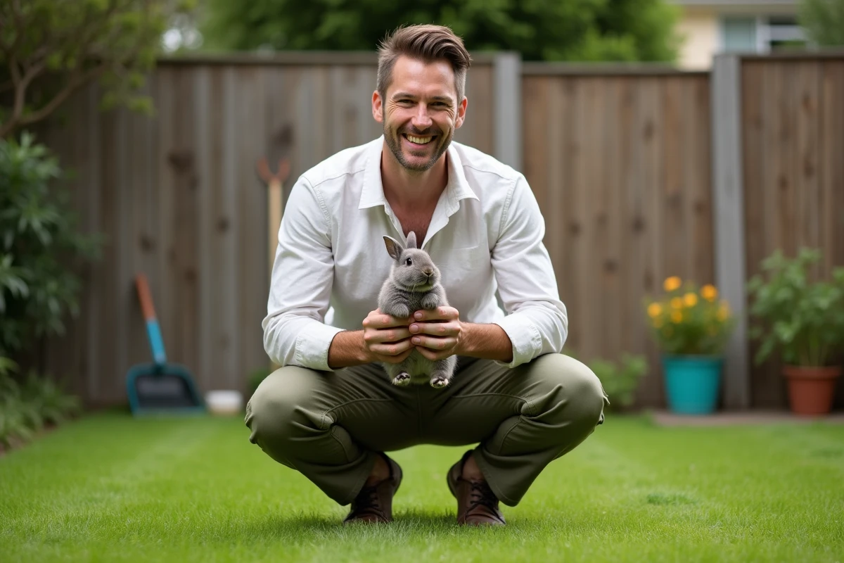 Homme débutant tenant doucement un lapin gris dans ses bras dans un jardin, découvrant les bases des soins animaliers